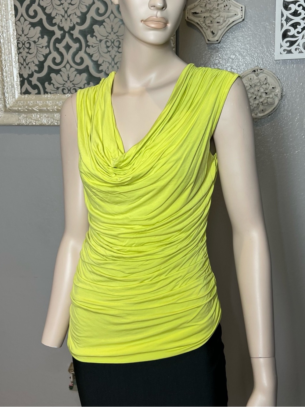 Sleeveless Draped V-Neck Women's Top in Neon Green Yellow